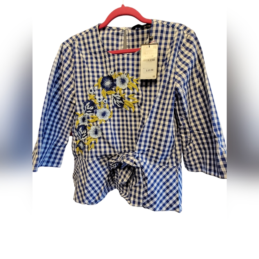 Zara Woman White & Blue Checked Blouse